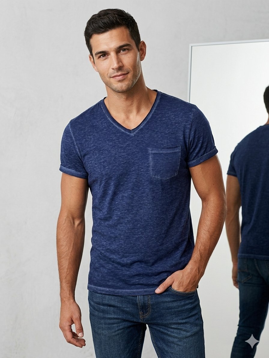 T-shirt H&M Bleu Chiné - Col V & Poche - Taille S - Très bon état #HM #TshirtHomme #BlueVibe #DressingHomme #DabchyTunisie #ModeHomme 