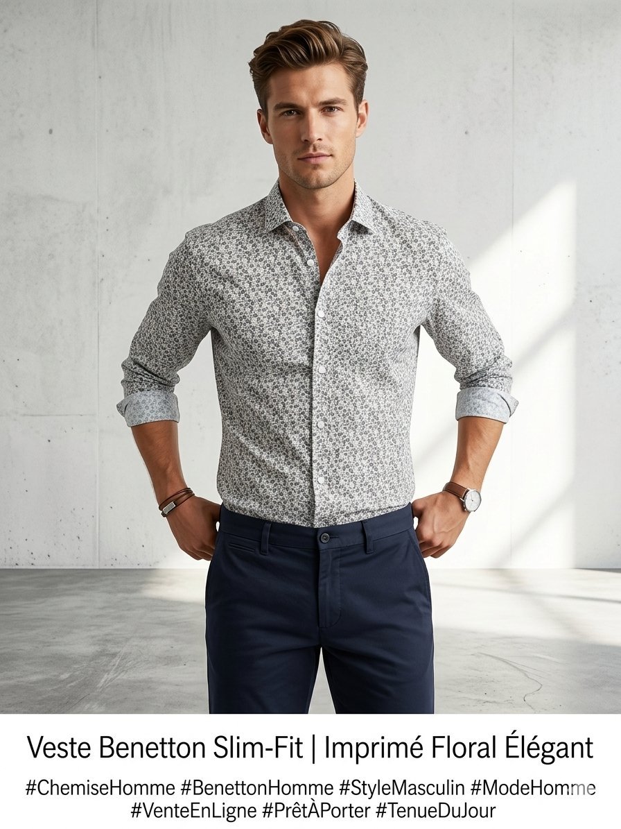 Chemise Homme United Colors of Benetton - Slim Fit - Imprimé Floral - État neuf #Dabchy #Benetton #ModeHomme #ChemiseHomme #StyleMasculin #VenteEnLigne #TunisieFashion #SlimFit #LookDuJour #OOTD