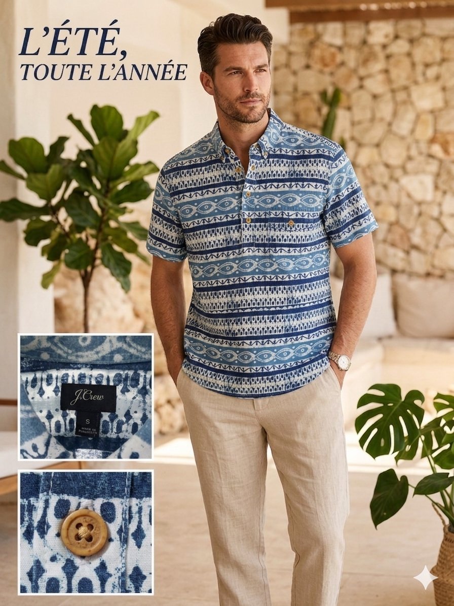 🌺☀️ Chemise J.Crew Motif Ethnique Indigo🌴 – Style Popover – Taille S 100% Coton de haute qualité, léger et respirant, très agréable à porter #Jcrew #chemisehomme #chemisemanchescourtes #indigo #ethnique #hommestyle #decontractéchic