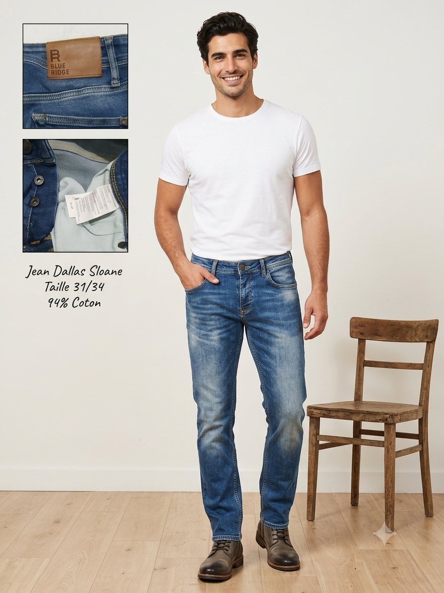 Jean Homme "Blue Ridge" - Modèle Dallas Sloane - T31-34 Bleu Délavé Très bon état #BlueRidge #JeanHomme #ModeHomme #DallasSloane #DenimStyle #TunisieShopping #TenueHomme #OOTD #MarqueDenim