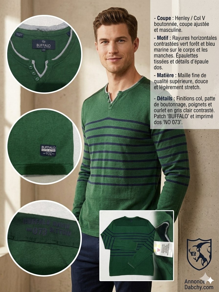 Pull fin Buffalo David Bitton Vert & Bleu - Coupe ajustée - Taille G/L excellent état ✨