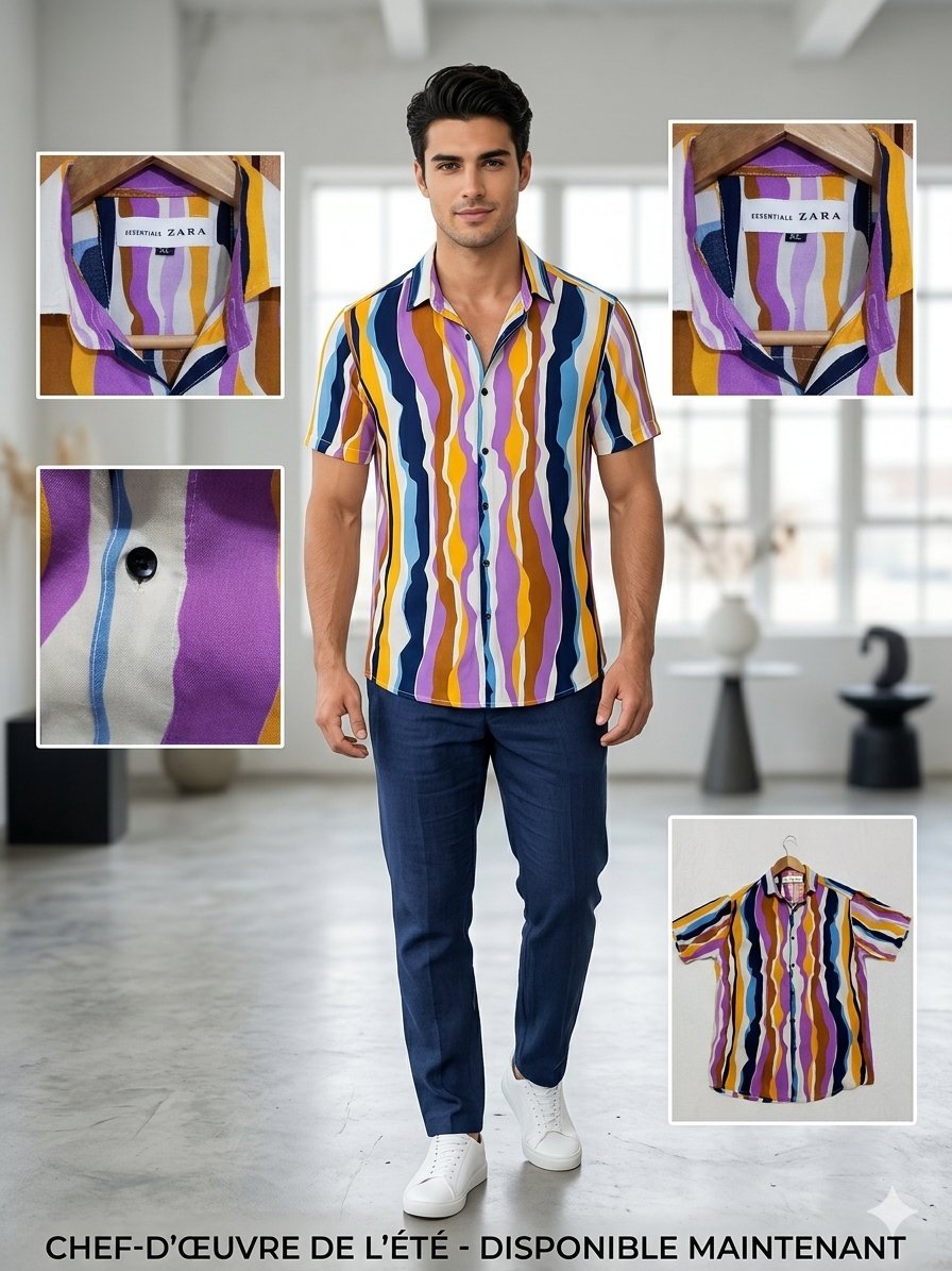 Chemise Zara Essentials – Motif Abstrait Multicolore – Été Chic #ZaraEssentials #ChemiseHomme #LookÉté #ModeHomme #ChemiseImprimée #OOTDTunisie #FashionTunisie #StyleEstival