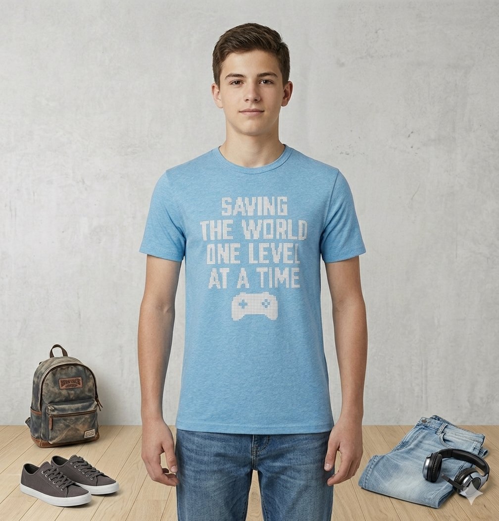 🎮 T-shirt Gamer "Saving The World" – Bleu Chiné – The Children's Place - Taille 14 ans État Nickel / Qualité certifiée : Tissu respirant qui garde sa forme lavage après lavage