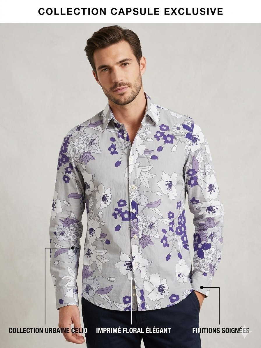 Chemise Celio Slim Fit – Motif Floral Violet & Gris – État impeccable Neuf #Mariage #Été #Casual chic# Coton léger et agréable #Finitions soignées et coupe très propre 