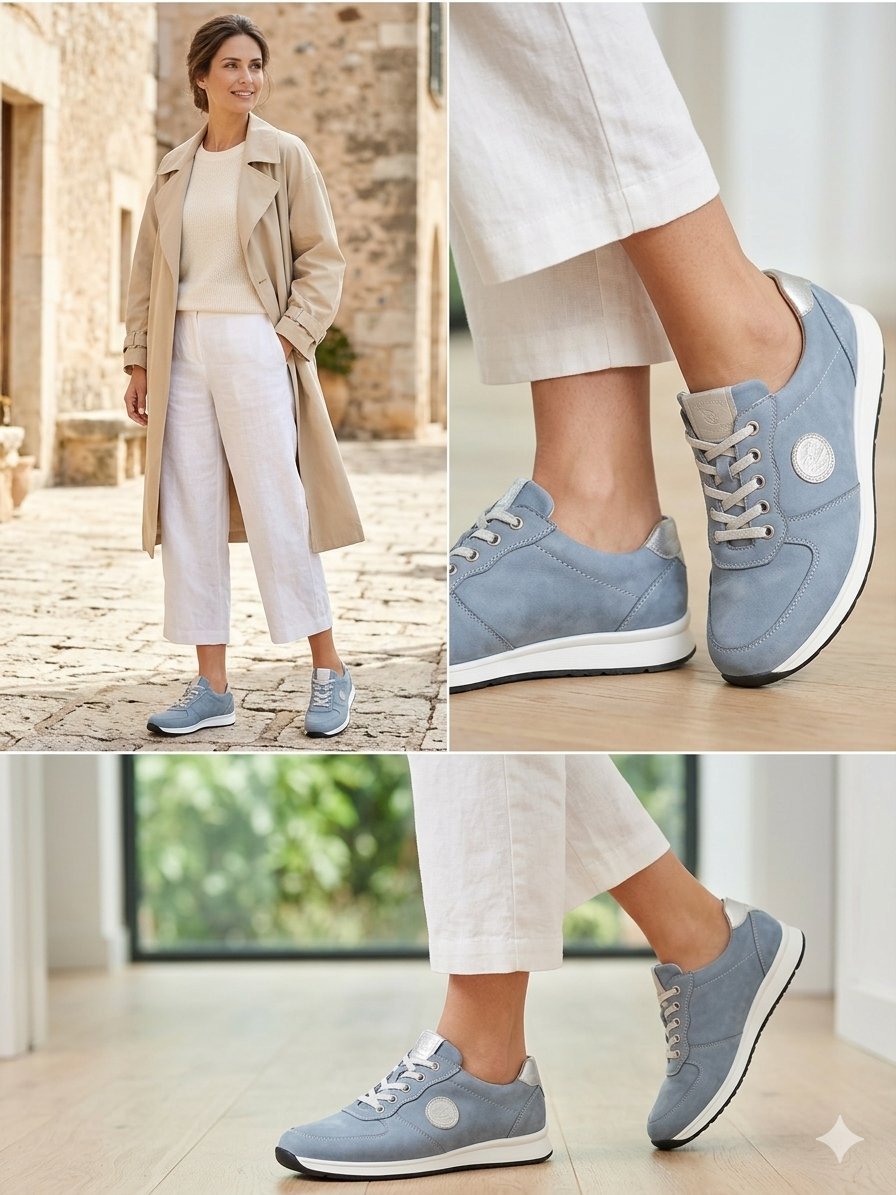 Baskets Waldläufer Cuir Nubuck Bleu & Argent - Pointure 37.5 #très légère et souple. Design élégant avec logo circulaire argenté sur le côté