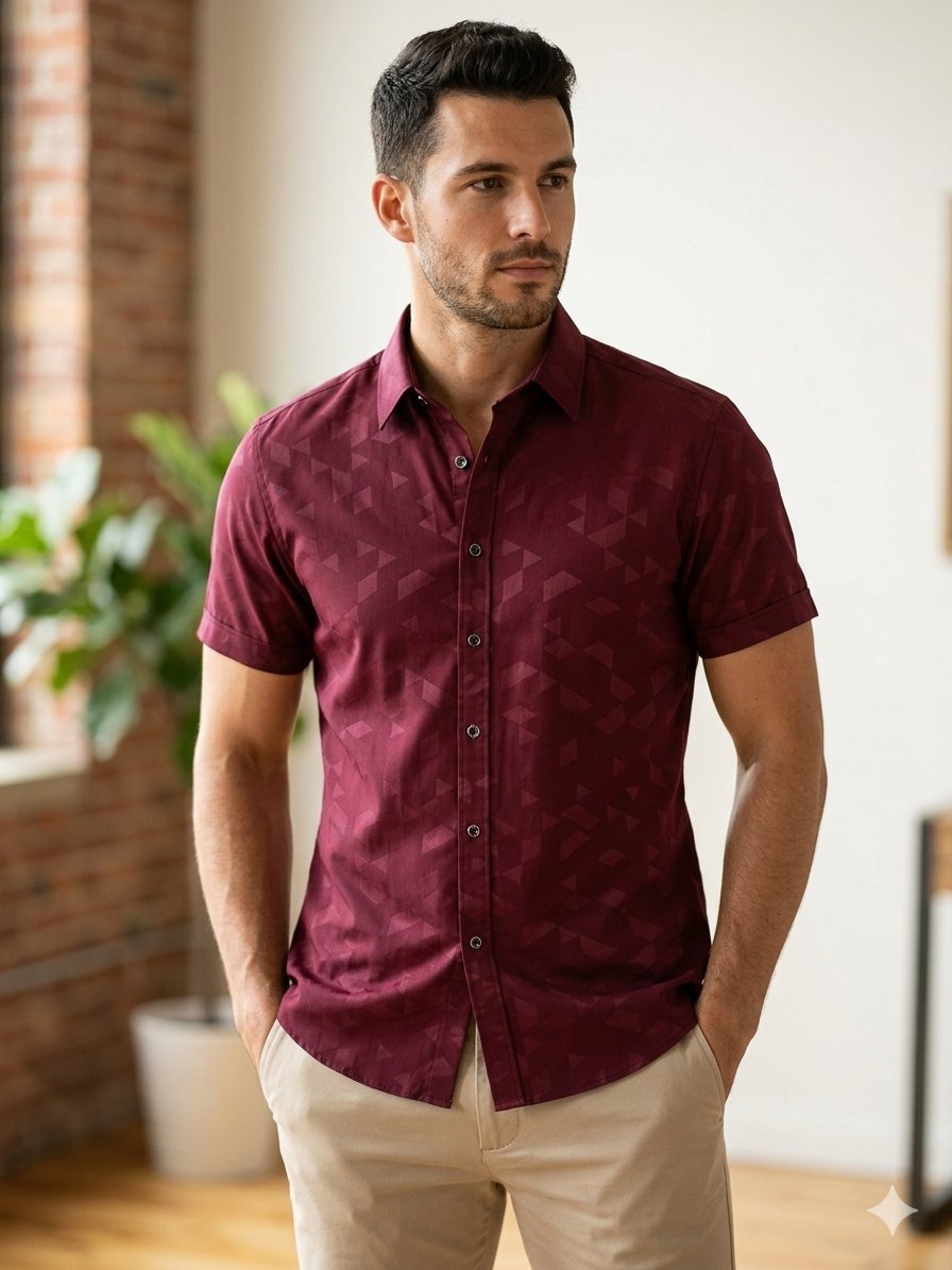 Superbe Chemise d'élégance Slim Fit – Bordeaux à Motifs Géométriques – Taille M