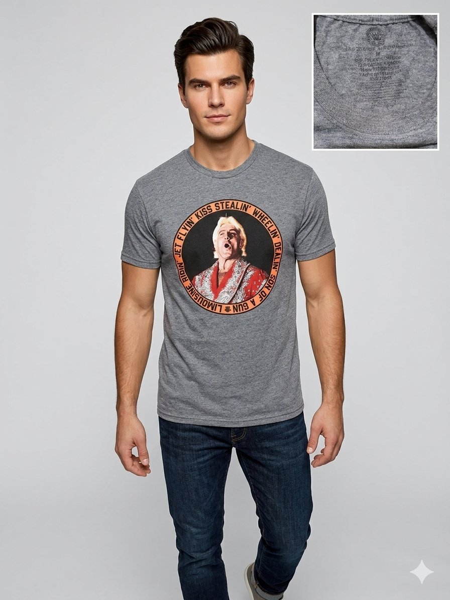  T-shirt Vintage WWE Ric Flair "The Nature Boy" - Gris chiné - Taille M - État neuf #RicFlair #NatureBoy #WWERetro #Catch #TshirtVintage #StreetwearTunisie 