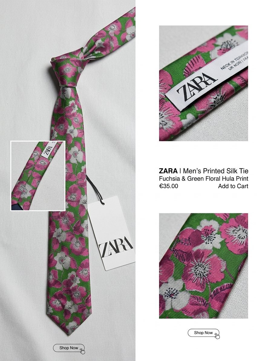 Cravate ZARA Originale Mix-Matières – Floral Rose/Vert & Uni Marine