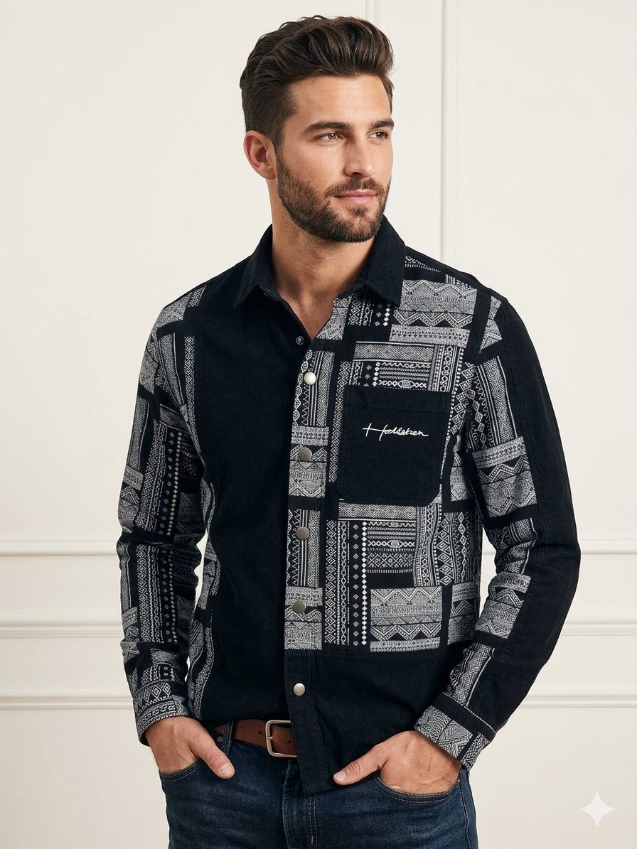 Hollister - Surchemise en Velours Noir à Motifs Tribaux - Look Unique