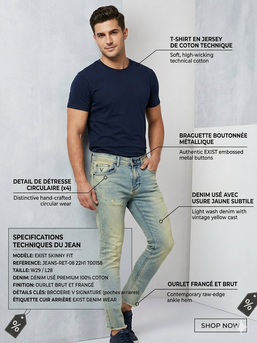 ​🔥 PÉPITE DENIM TENDANCE • LOOK URBAIN MODERNE ! 🔥 EXIST Djean Skinny Tapered Bleu Clair Délavé • Taille 38/US 30 (W29-L28) - Neuf avec etiquettes
