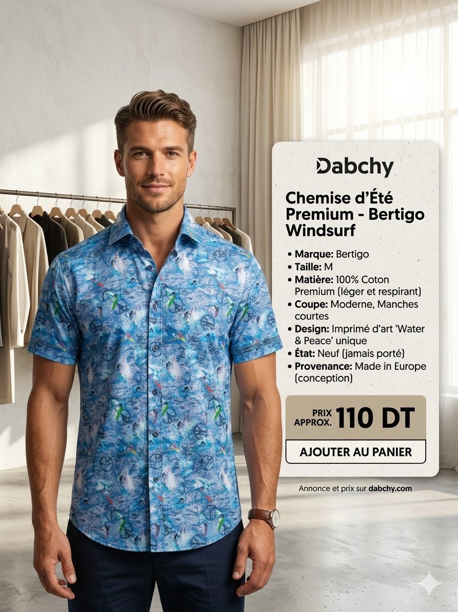 Chemise Designer Bertigo - Imprimé "Water & Peace" - NEUVE - Taille M #Chemise d'Été Premium #Design Exclusif ® Imprimé "Water & Peace" aux nuances de bleu, turquoise et vert. Très dynamique et original