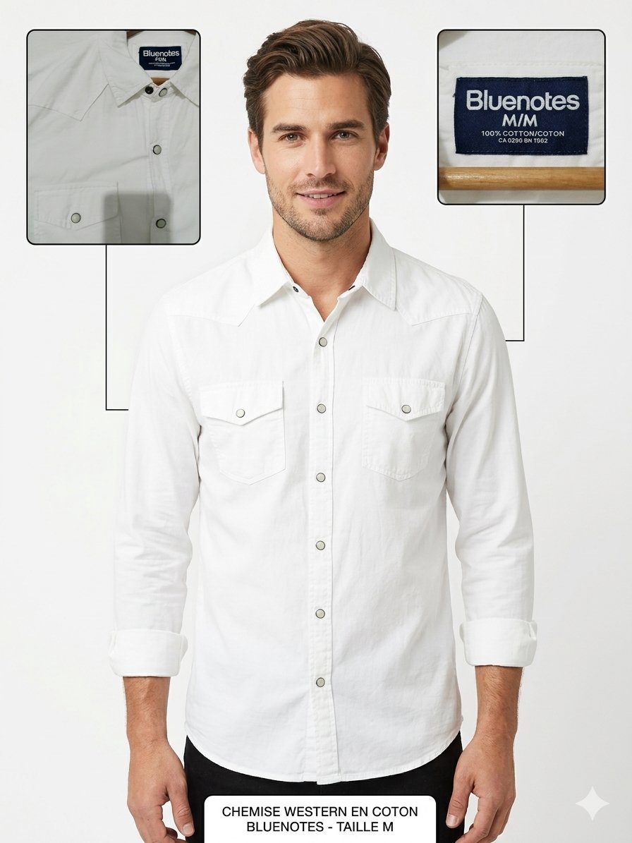 Chemise Western Bluenotes - 100% Coton Blanc - Taille M (État Neuf) #Slim/Modern fit #Coton blanc de haute qualité, respirant et confortable