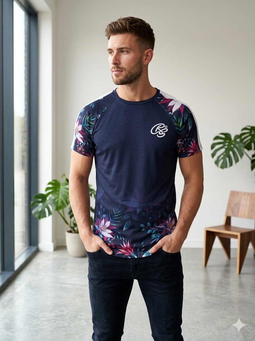 T-shirt Homme Floral & Sport - Crosshatch (CRS55) - Bleu Marine - Très bon état #Crosshatch #CRS55 #TshirtFloral #ModeHommeTunisie #FriperieDeLuxe #Dabchy