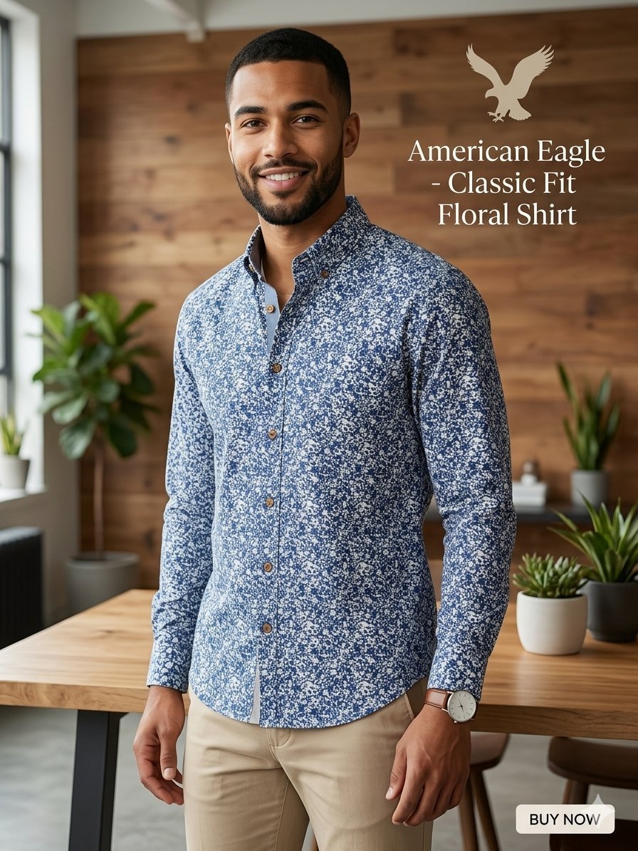 Chemise American Eagle Originale Slim Fit - Motif Floral Bleu & Blanc - Taille M - Excellent état ✨