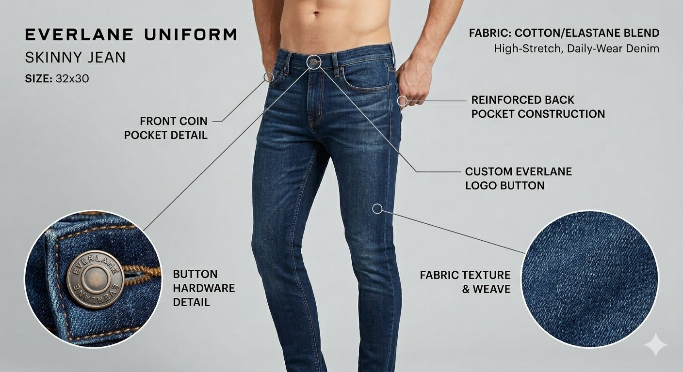Magnifique Jean Premium Slim Everlane Uniform – Bleu Brut – Taille 32x30 (Coton Bio) Excellent état comme neuf - Bouton siglé Everlane, finitions renforcées et texture denim authentique 