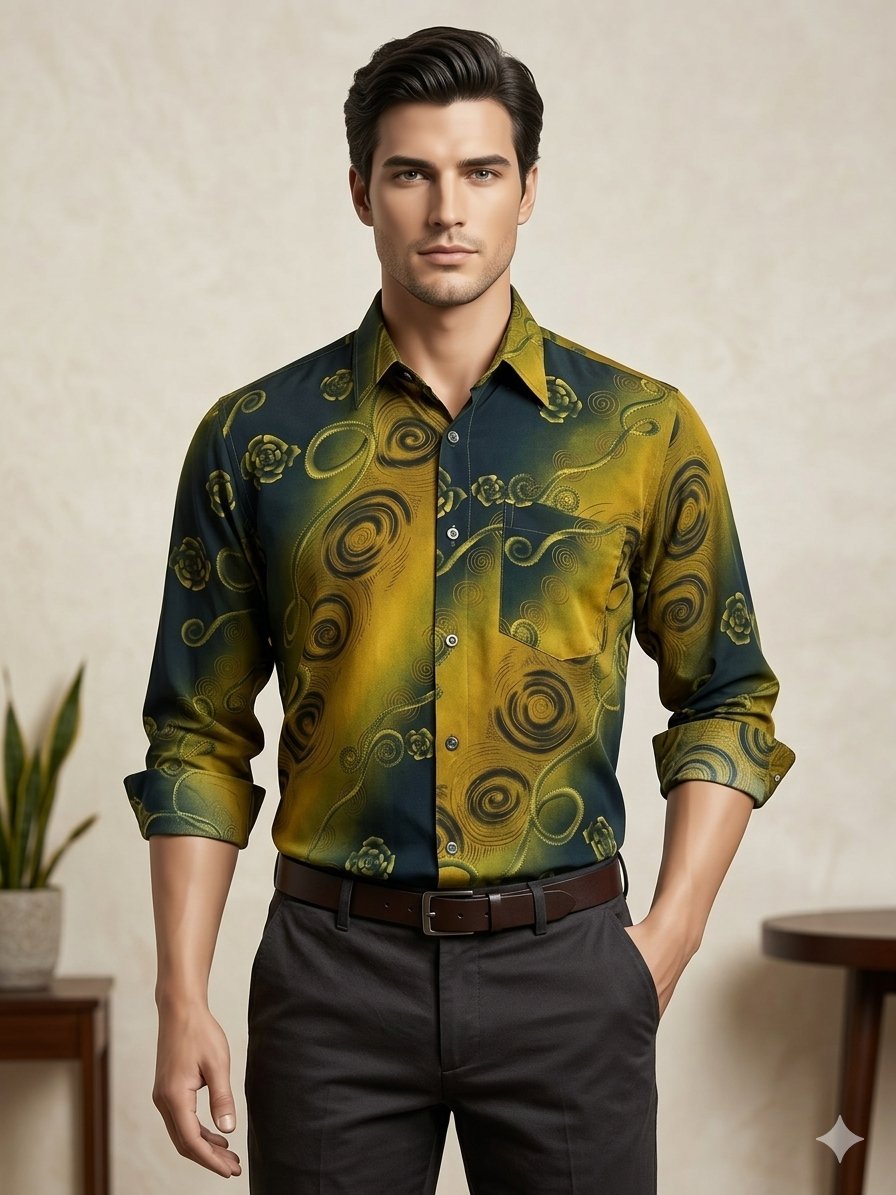 Superbe Chemise Vintage Homme – Motifs Spirales & Roses – Vert Olive et Or.  📦 Envoi rapide et soigné via Dabchy.