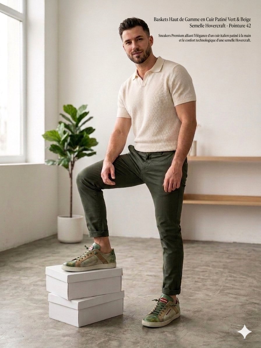 Baskets Haut de Gamme en Cuir Patiné Vert & Beige - Semelle Hovercraft - Pointure 42 Sneakers Premium alliant l'élégance d'un cuir italien patiné à la main et le confort technologique d'une semelle Hovercraft.