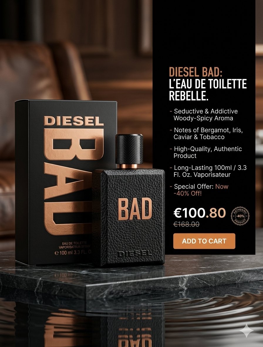 ​Parfum Homme Diesel BAD – Eau de Toilette 100ml – NEUF SOUS BLISTER - Boisé Chic & Épicé – Un parfum de caractère, rebelle et ultra-séduisant. 100% original, acheté en parfumerie agréée.