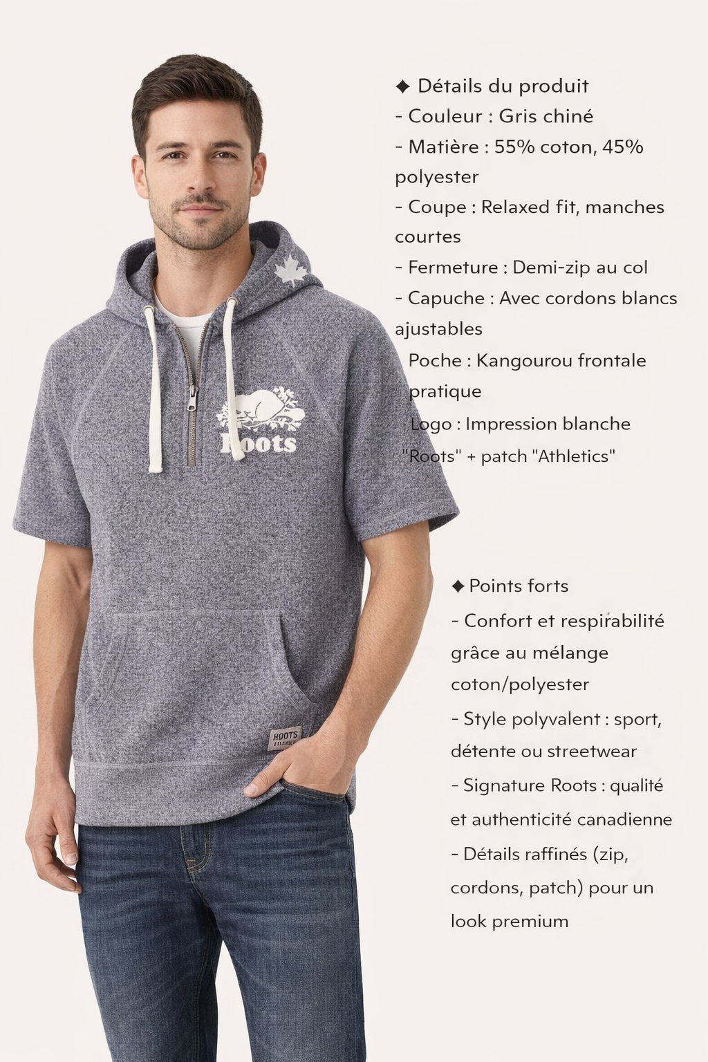 ​Sweat à capuche court Roots Athletics - Gris chiné - Taille M - Excellente état