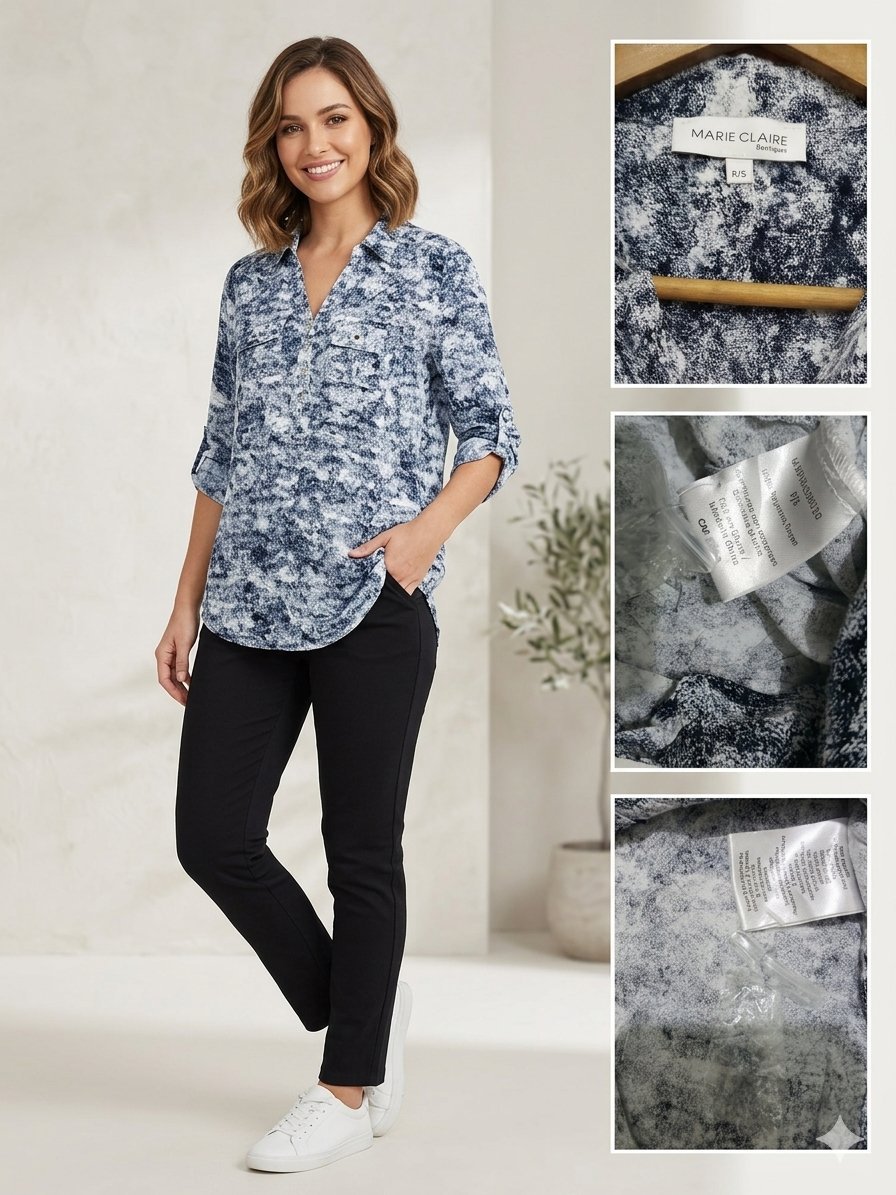 Blouse Marie Claire - Taille S - Imprimé Abstrait Bleu & Blanc - 💯 Rayon légère et agréable à porter, idéale pour la mi-saison. Très bon état - Manches modulables (peuvent être portées longues ou retroussées grâce à une patte de boutonnage)