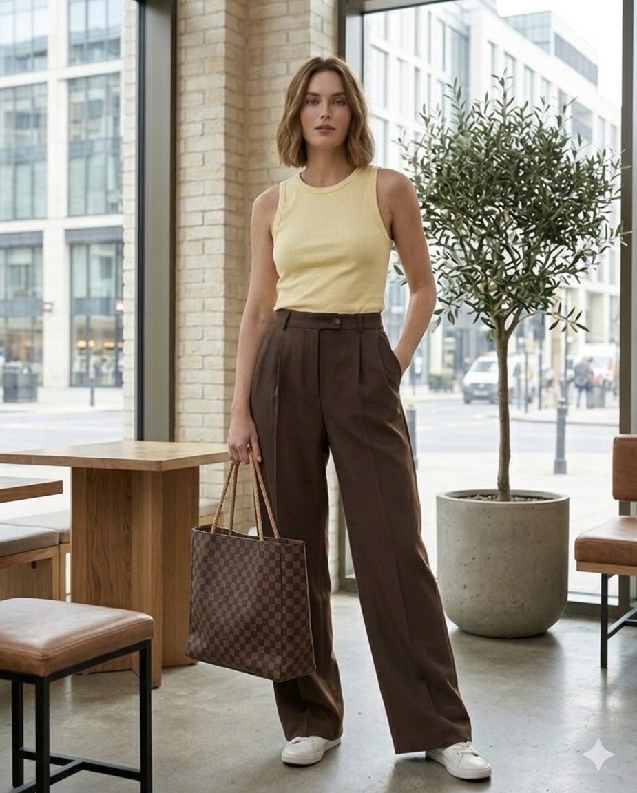 Total look : pantalon large marron🤎 + pull butter yellow 🧈(H&M) + sac ( louis vuitton).    ACHETEZ POUR 200 DT ET RECEVEZ UN BON D'ACHAT DE 50 DT!🎁🎁🎁🎁🎁🎁🎁🎁🎁🎁