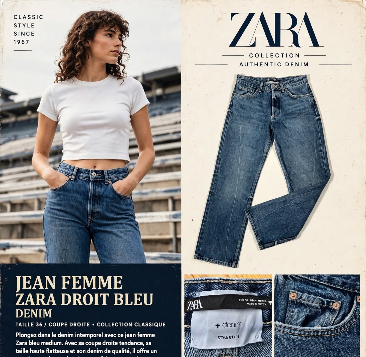 JEAN FEMME ZARA - Coupe Droite - Bleu Medium - Taille EUR 36