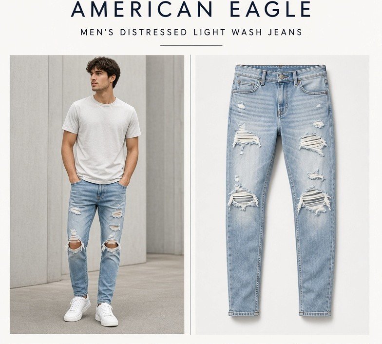 Jean homme American Eagle – Bleu délavé effet destroy