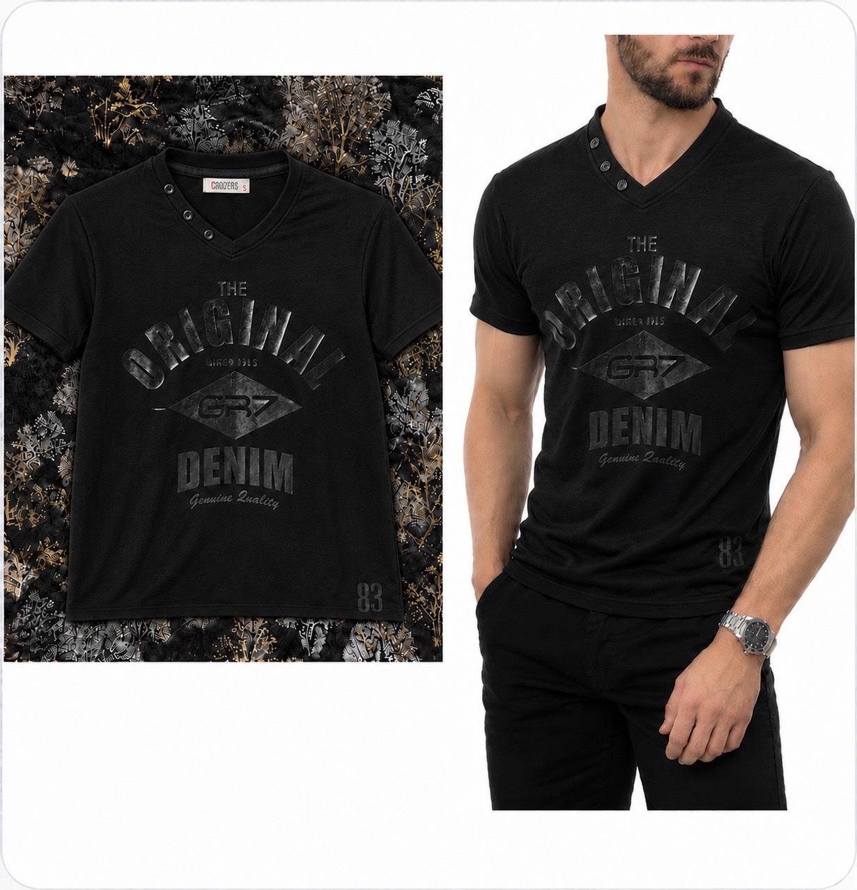T-shirt homme noir à col V avec imprimé graphique