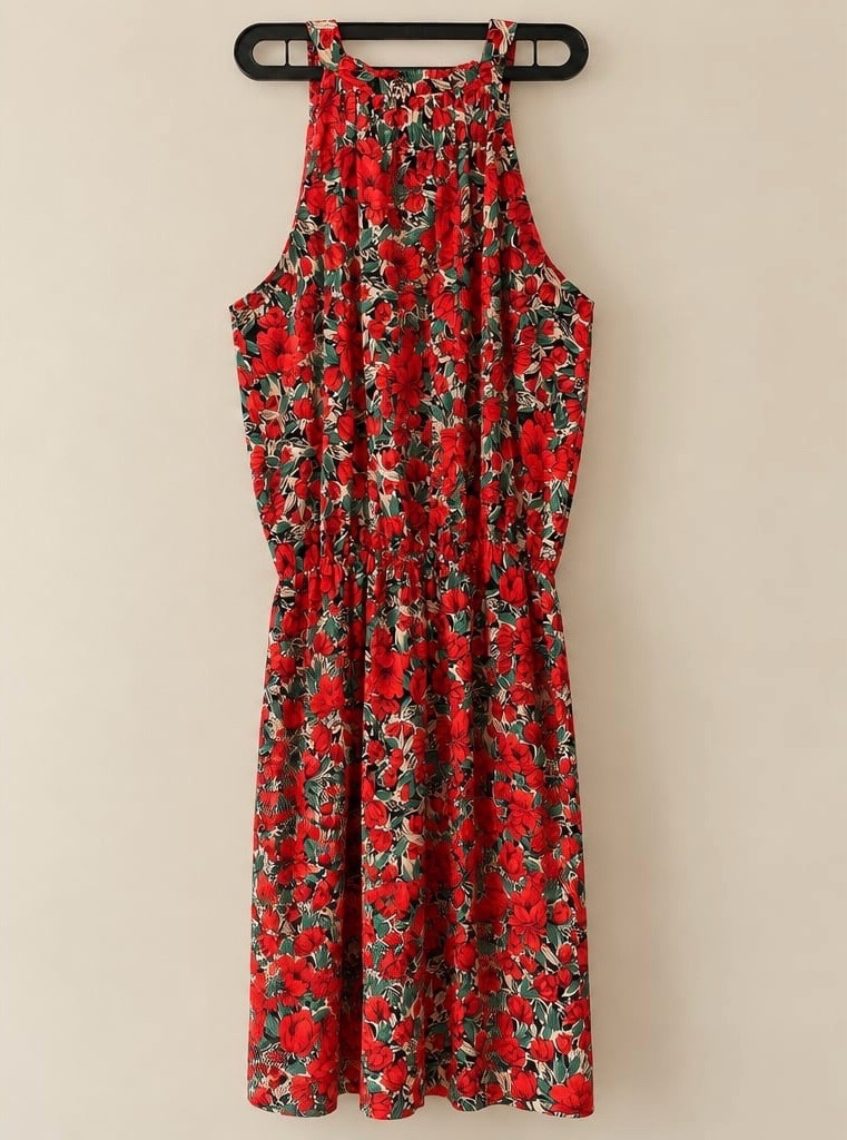  Robe courte fleurie rouge & verte 