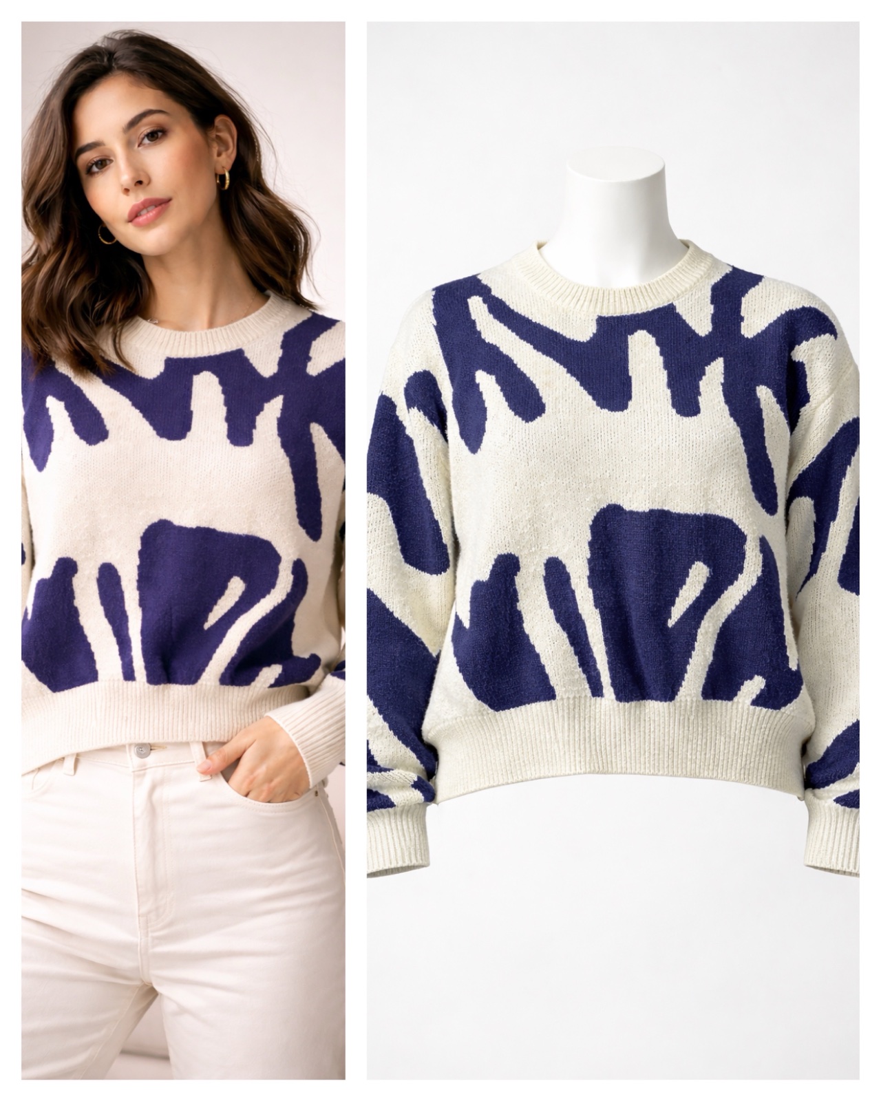 Pull graphique bleu & blanc oversize 