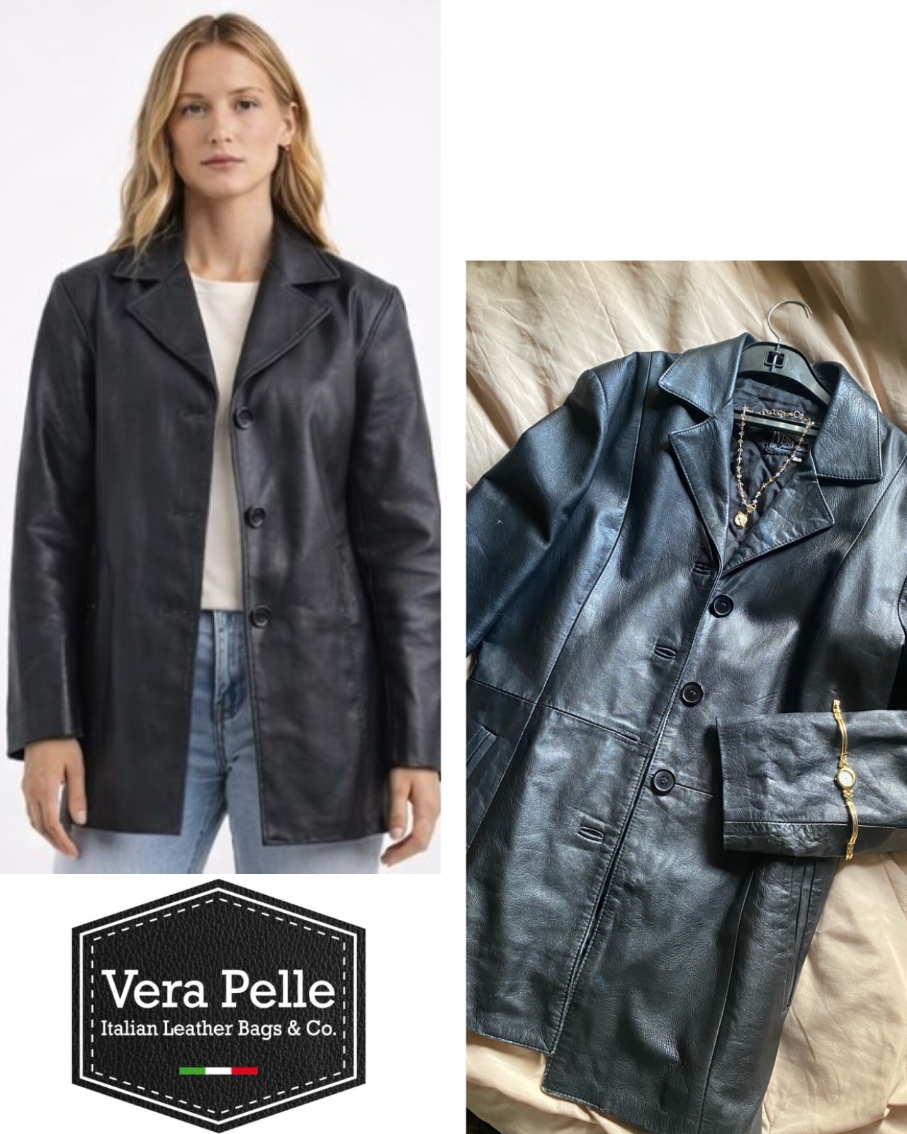 Veste en cuir véritable noir – Style blazer – Vera Pelle (Italie)