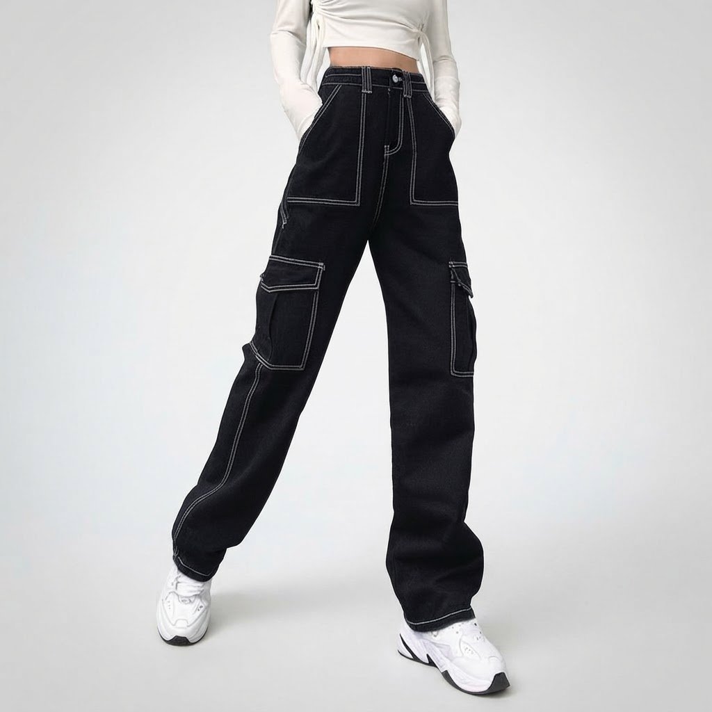 H&M Divided black cargo pants with white contrast stitching