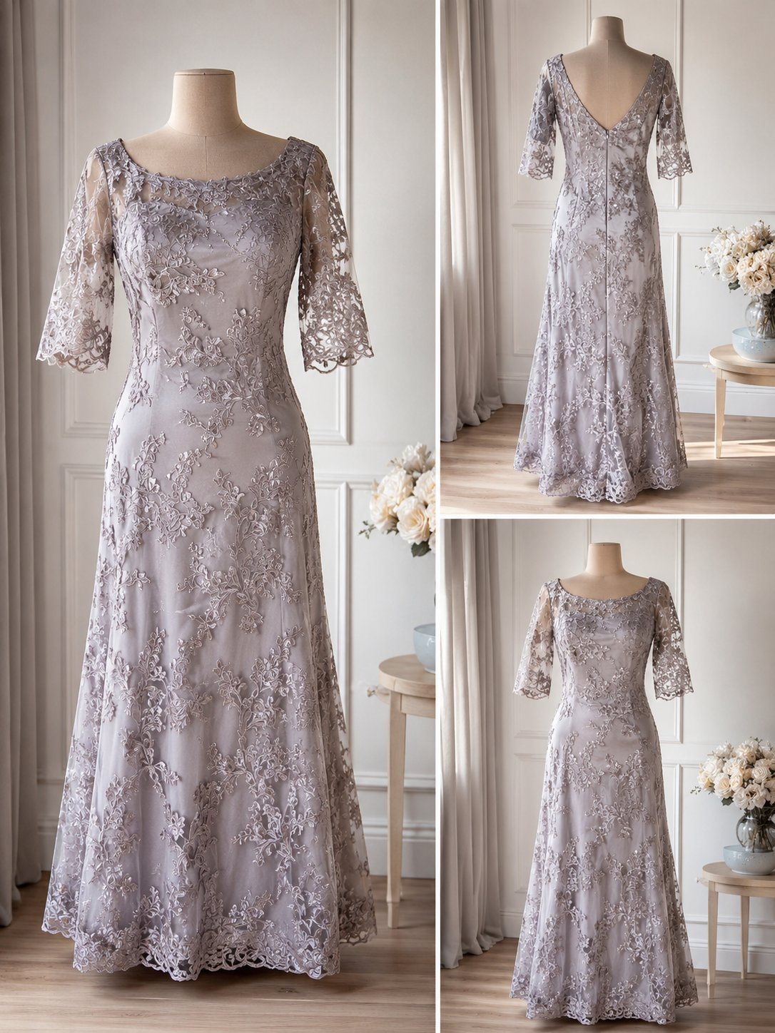 Belle robe de soirée, gris perle