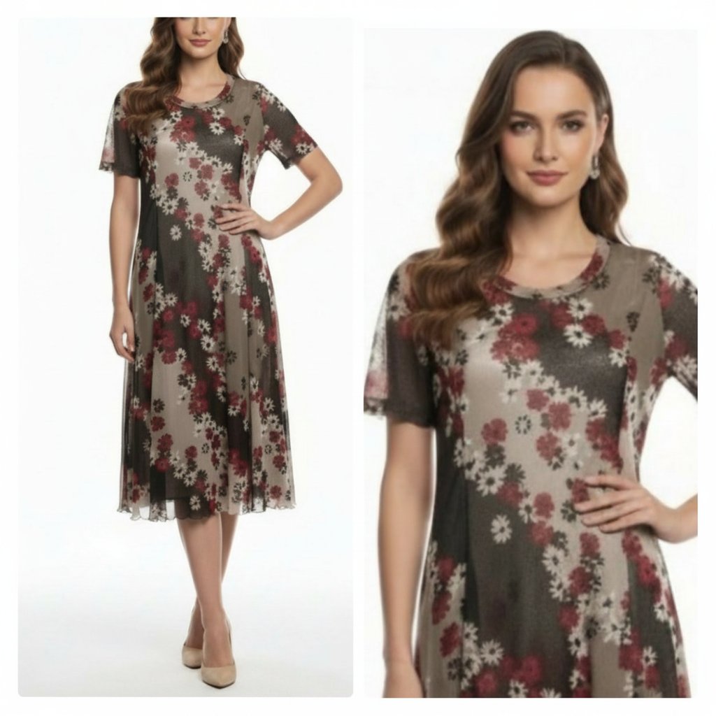 Belle robe midi doublée demi manches transparente couleur principale marron et bordeaux taille 42/44 de la marque Lina T