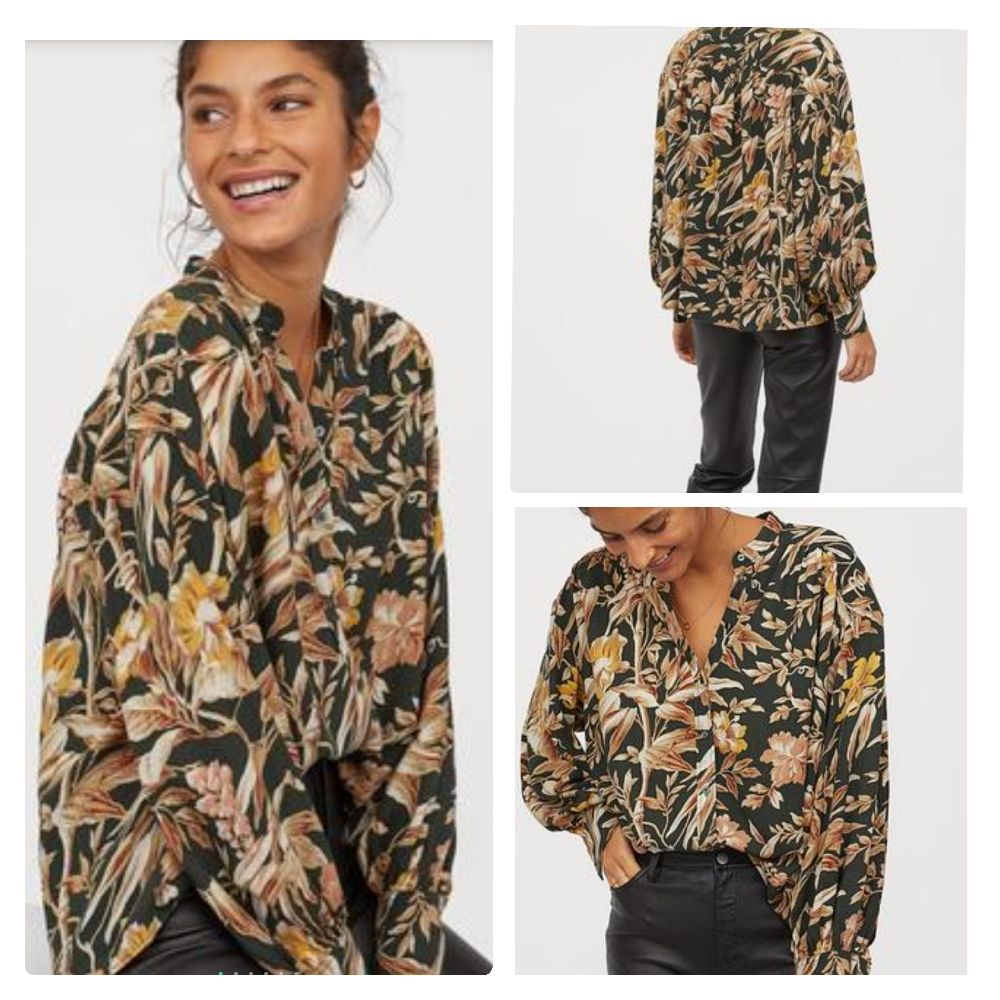 Très belle chemise base c'est du vert très foncé et imprimé beige camel et un peu de jaune du derrière plus longue taille 38/40 H&M