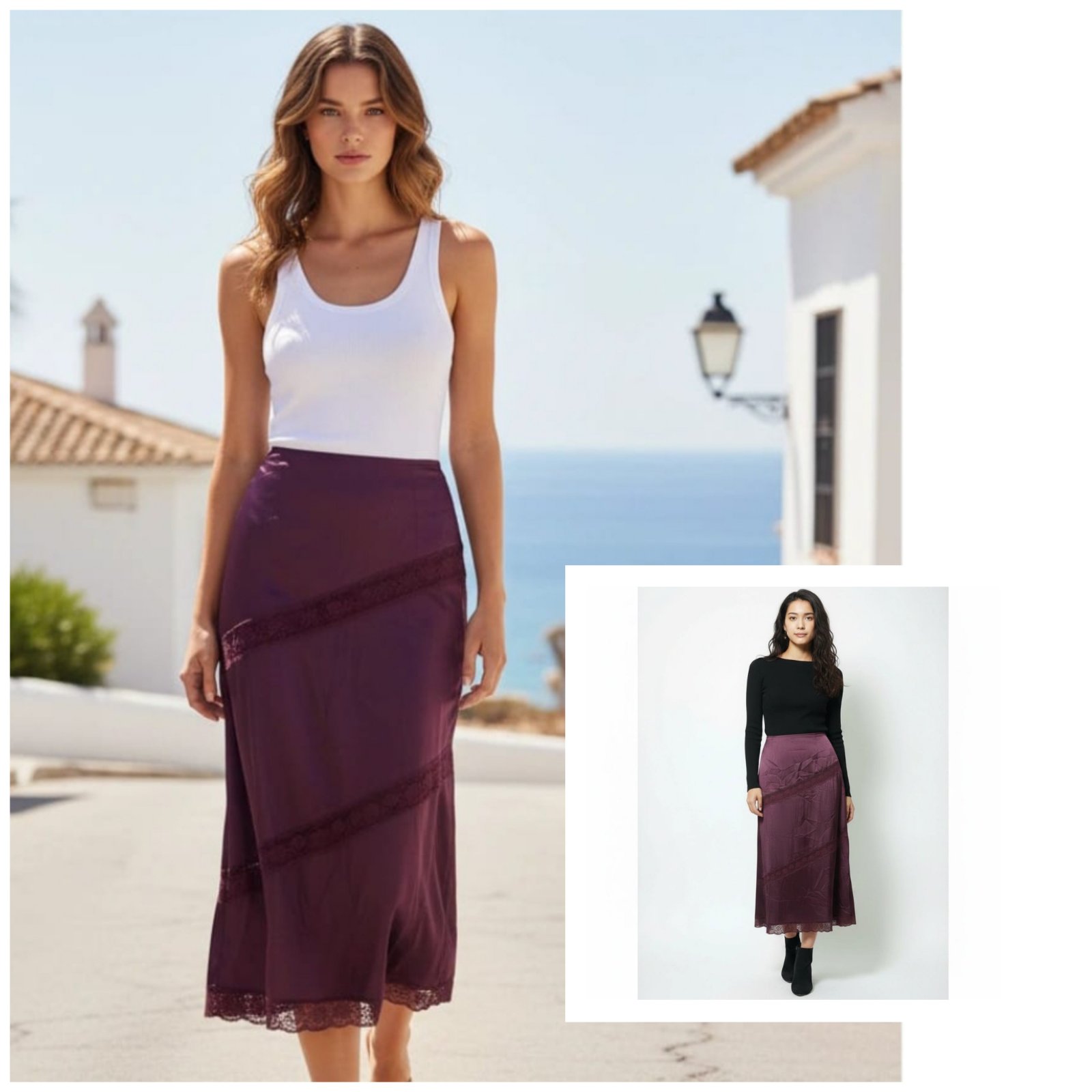 Jupe longue satinée avec dentelle couleur bordeaux état neuf de la marque Wednesday's girl profitez du code promo 