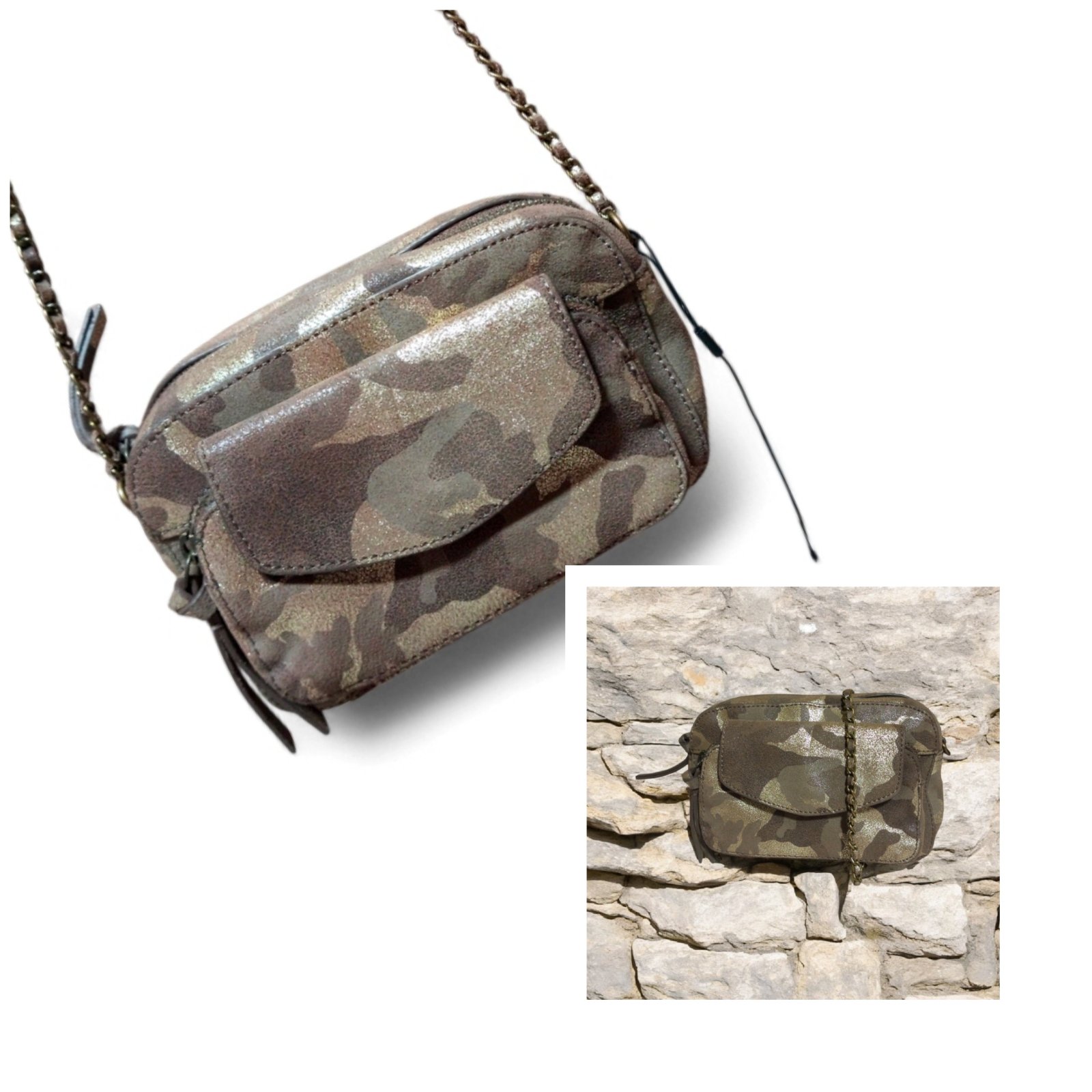 Très joli sac à bandoulière en véritable cuir marron et doré tout neuf de la marque PIECES