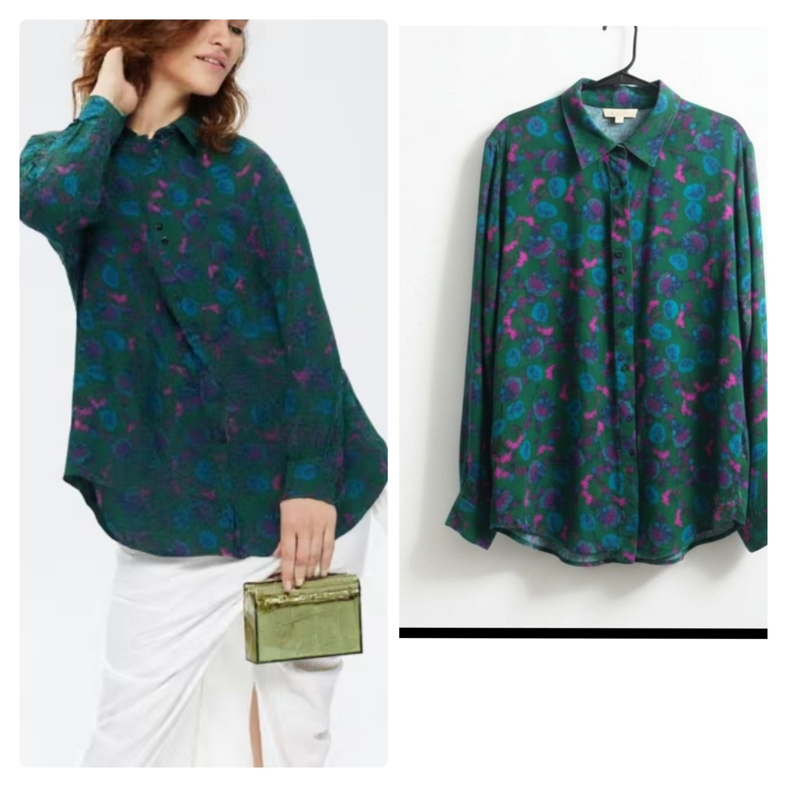 Chemise longue fond vert imprimé avec des fines rayures argentées convertible pour des femmes voilées aussi taille 40/42 Promod profitez du code promo 