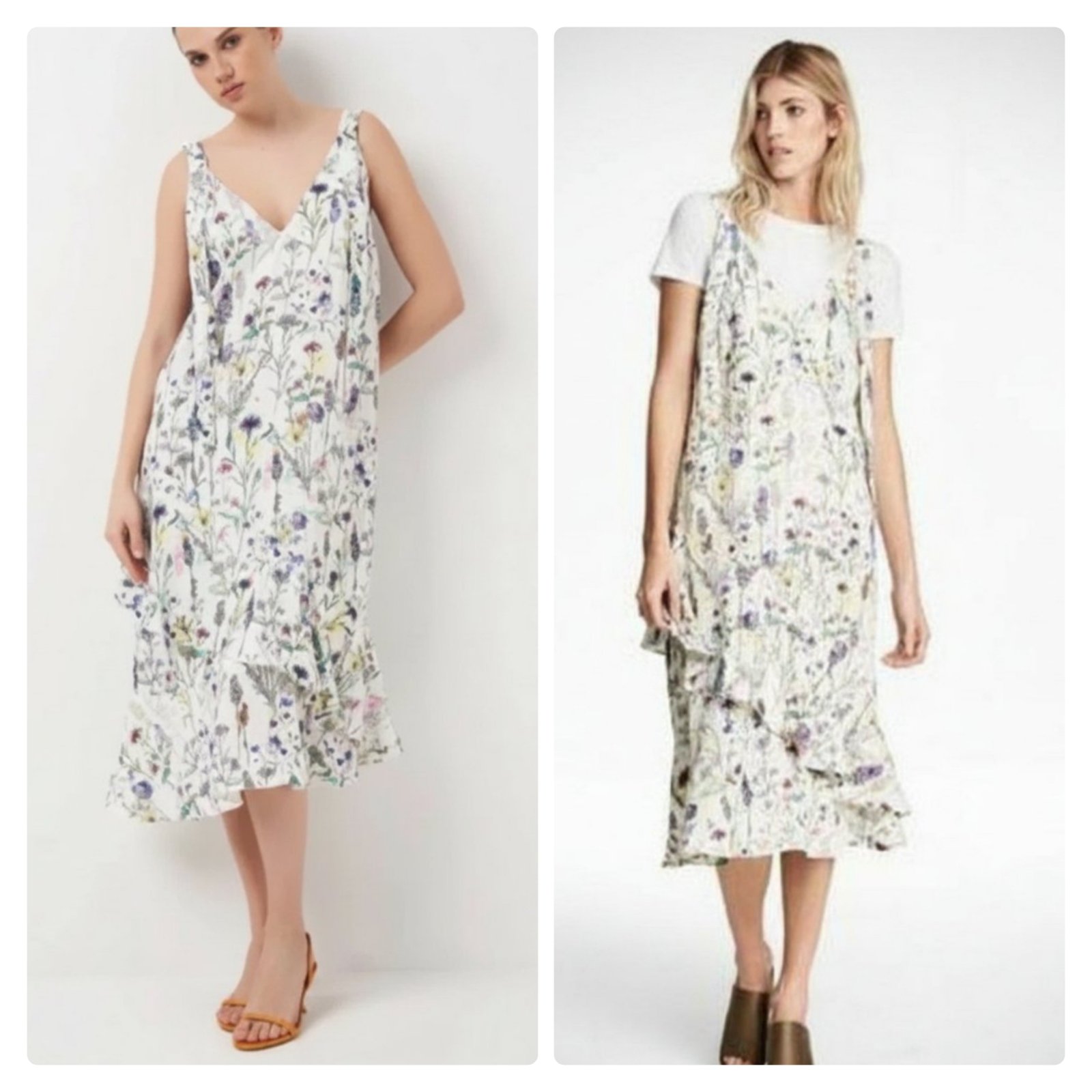 Robe midi blanche imprimée florale à volants avec des bretelles à nouer taille 42 H&M