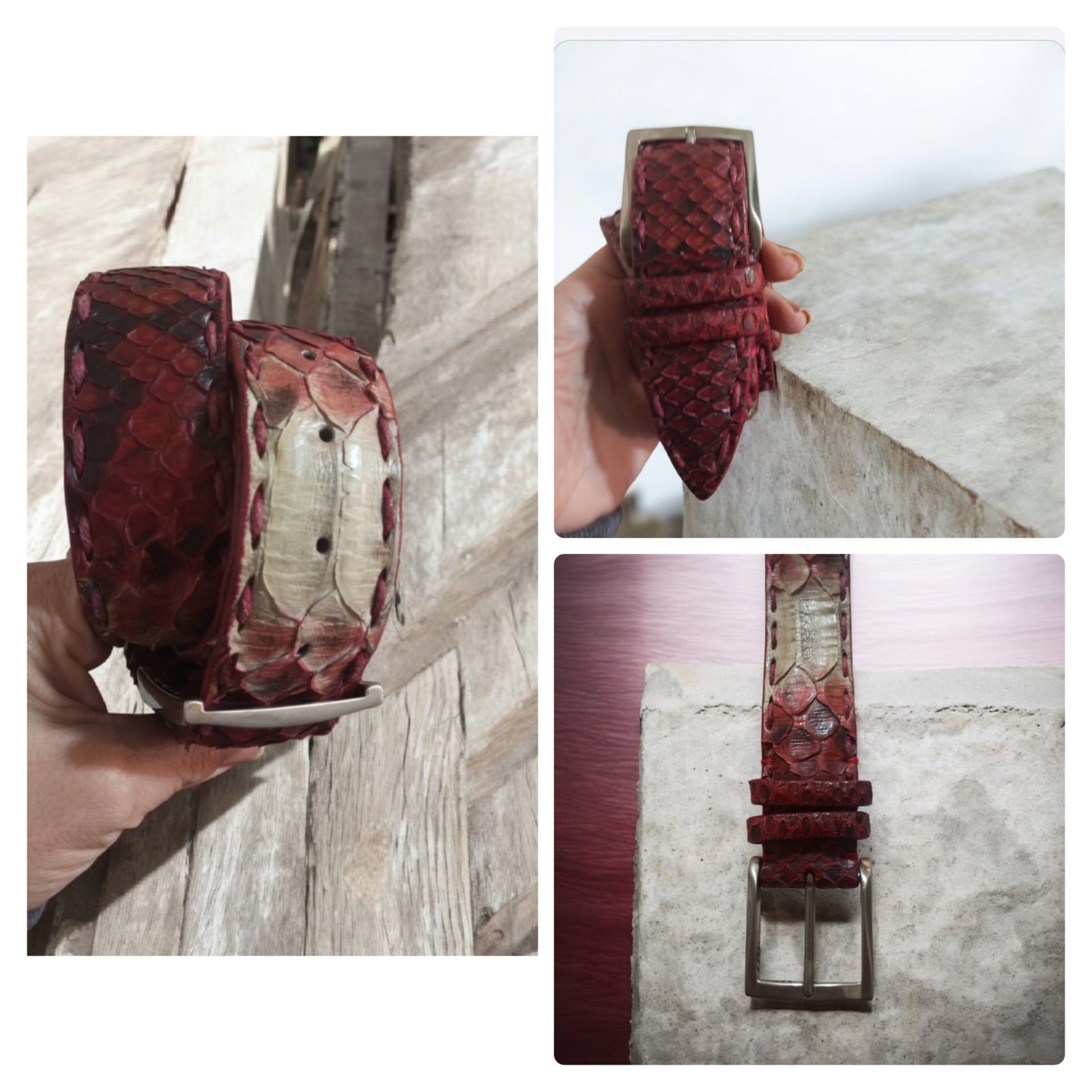 Ceinture rouge bordeaux et beige en cuir de reptiles véritable état neuf de longueur 90cm taille 40/42