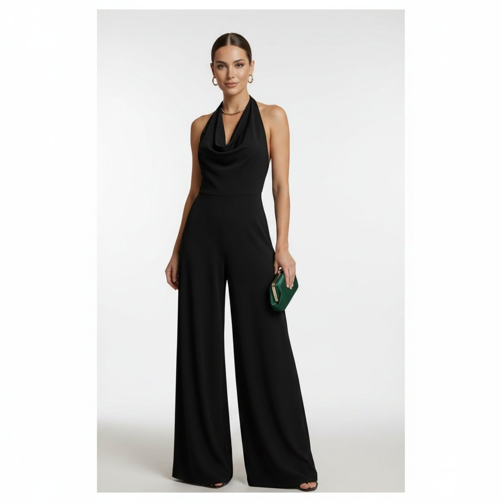 Combinaison soirée à pantalon large lycra et fluide avec broche diamant intégrée taille 38/40