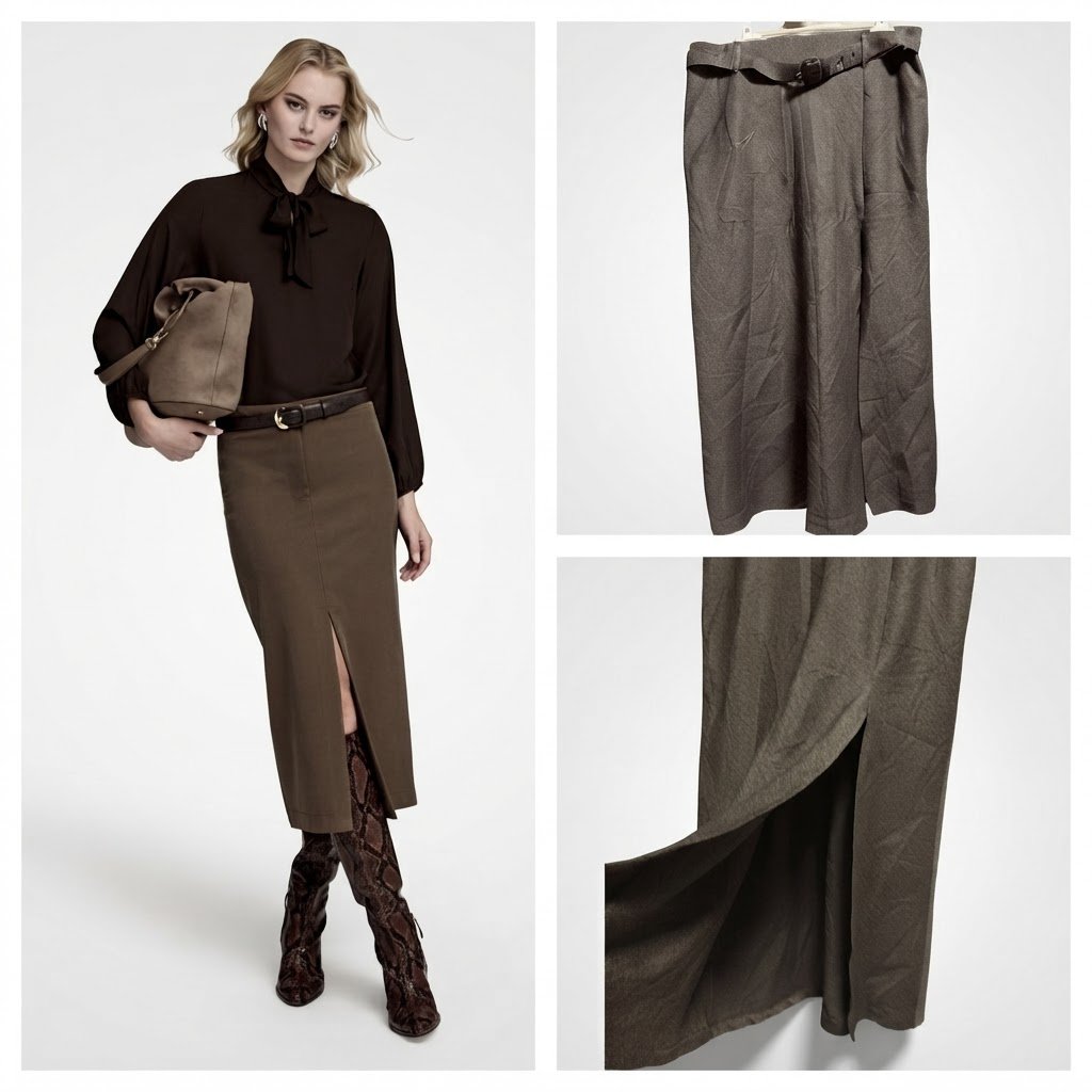 Très belle jupe midi marron avec ceinture et une fente taille 40/42 