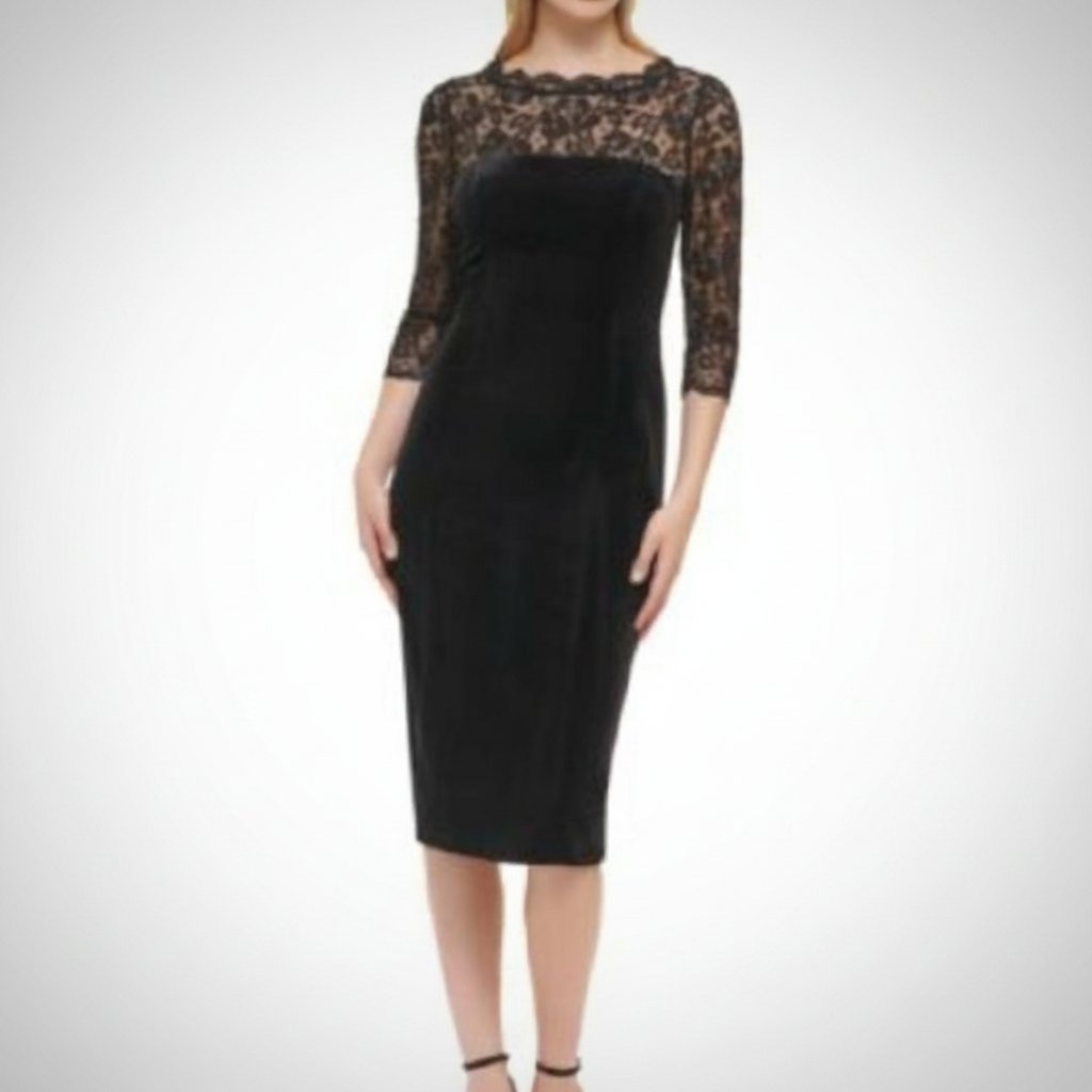Robe lycra noir à épaules et manches en dentelle taille 38/40