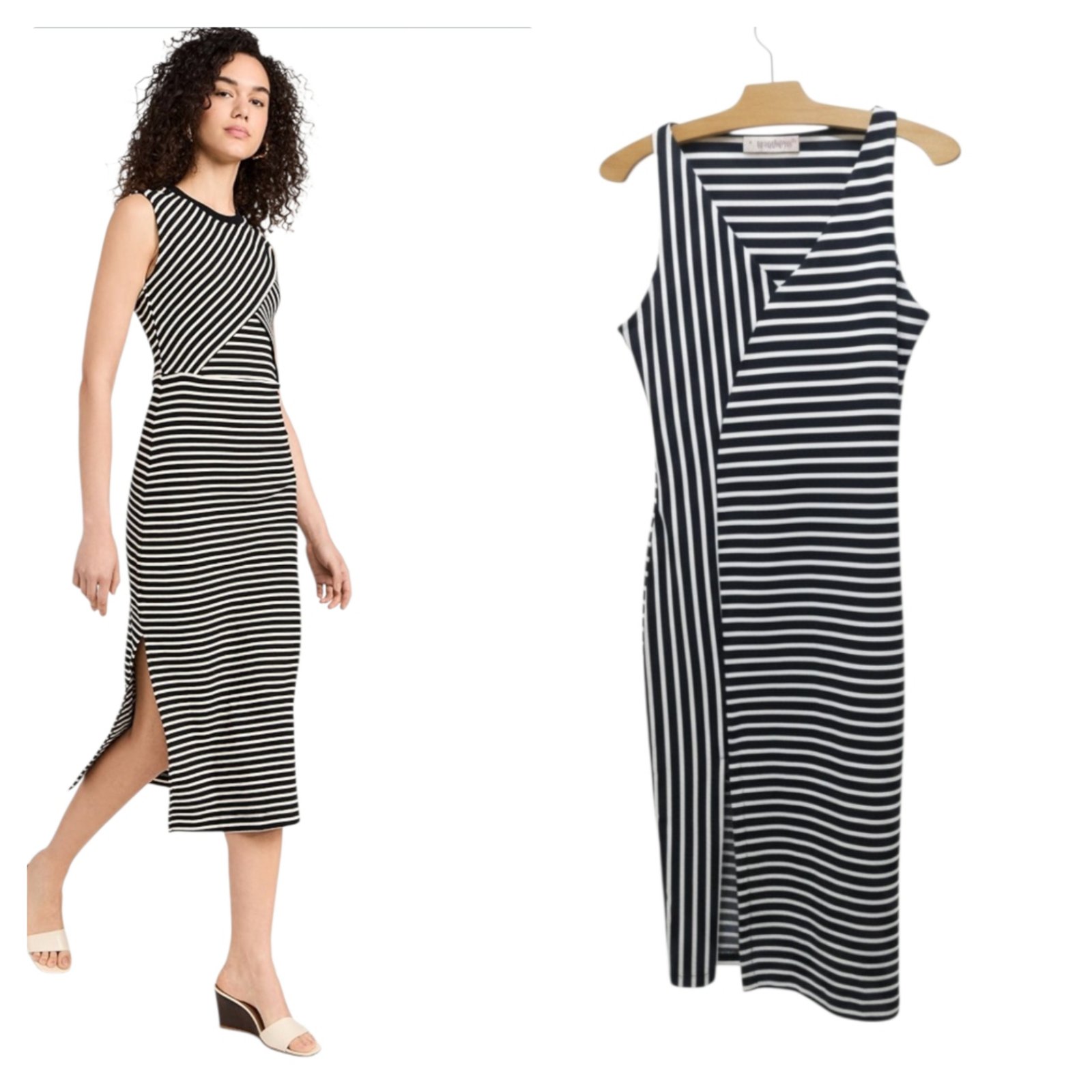 Robe midi rayée noir et blanc col v  lycea avec une fente du devant sur le côté de la marque italienne Monte Cervino 