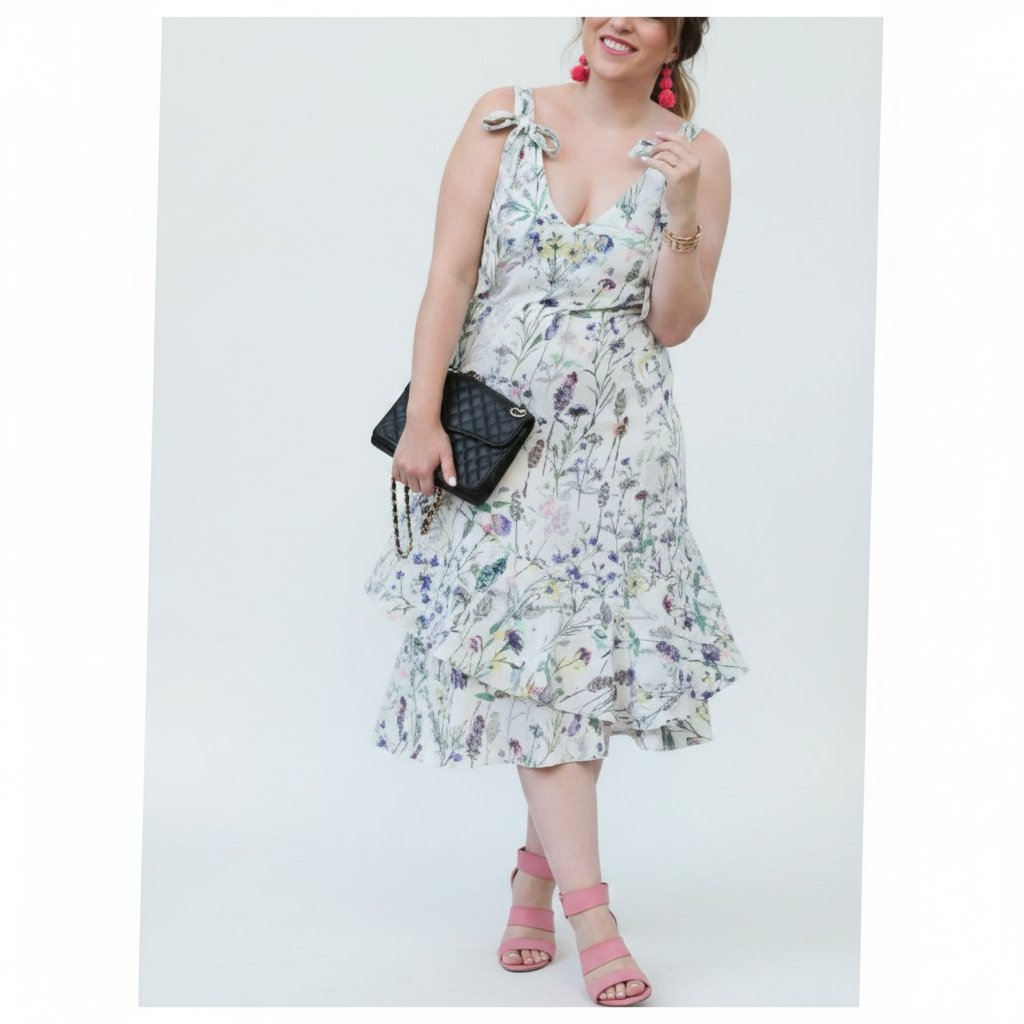 Très belle robe midi blanche imprimée florale avec des  volants taille 42 H&M