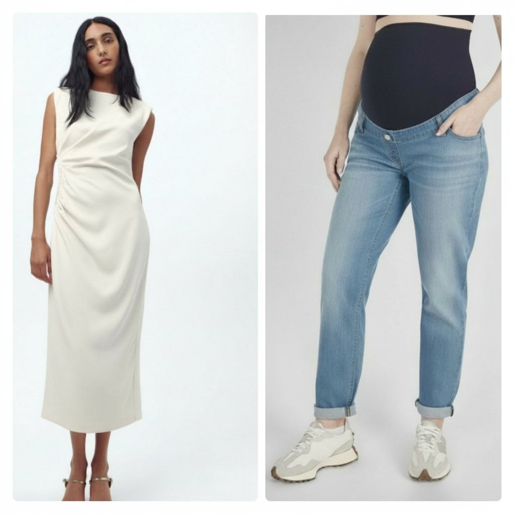 Lot de robe de grossesse beige clair drapée sur les côtés H&M Mama plus pantalon denim lycra Noppies profitez du code promo