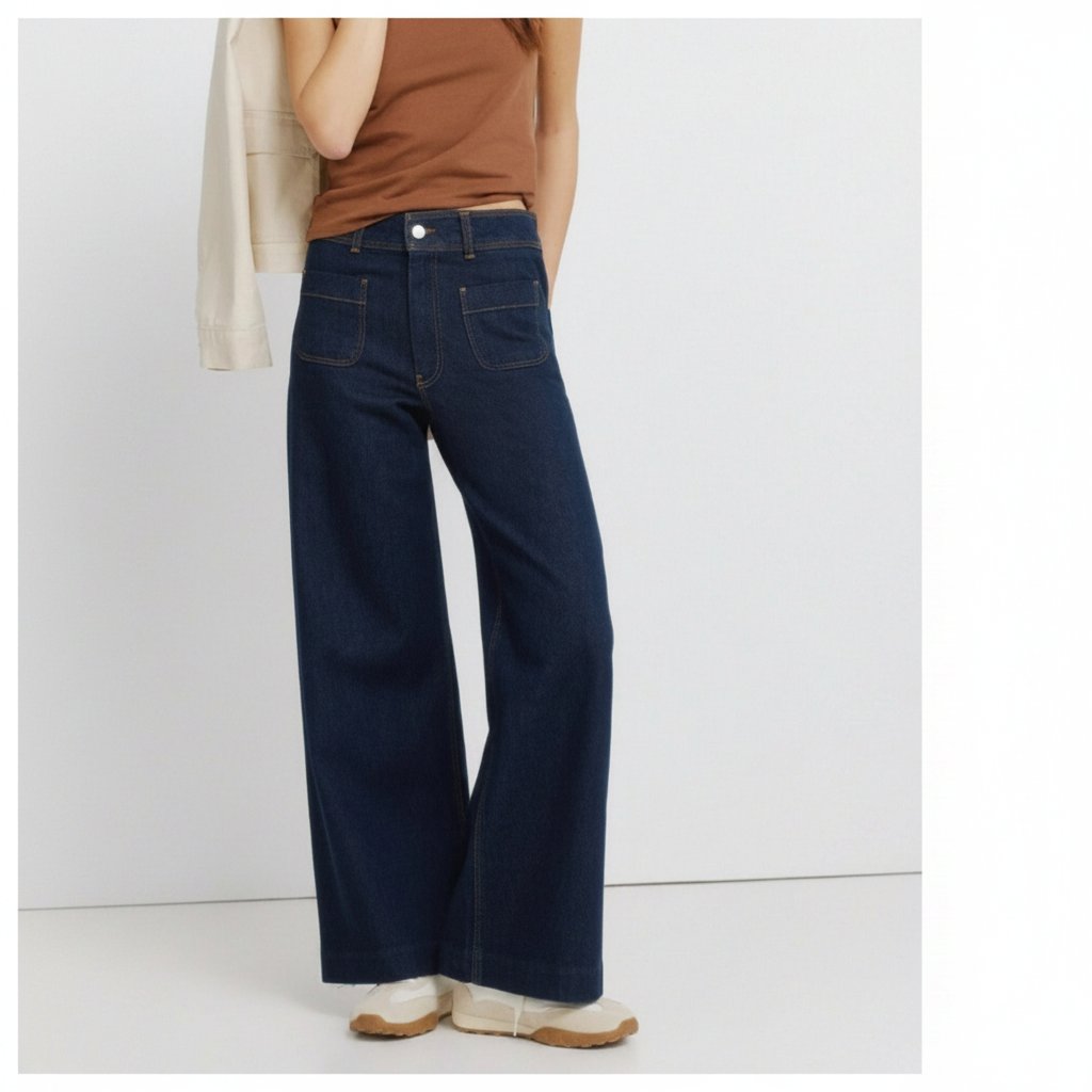 Pantalon denim lycra taille haute coupe évasée état neuf de la marque PRECIS