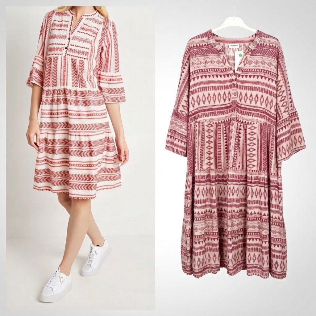 Robe bohème à volants avec des motifs géométriques en coton rouge et crème  taille 38/40 de la marque Gina