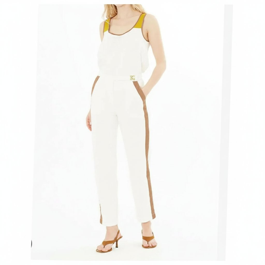 Très joli pantalon taille haute blanc avec bandes latérales camel Zara 