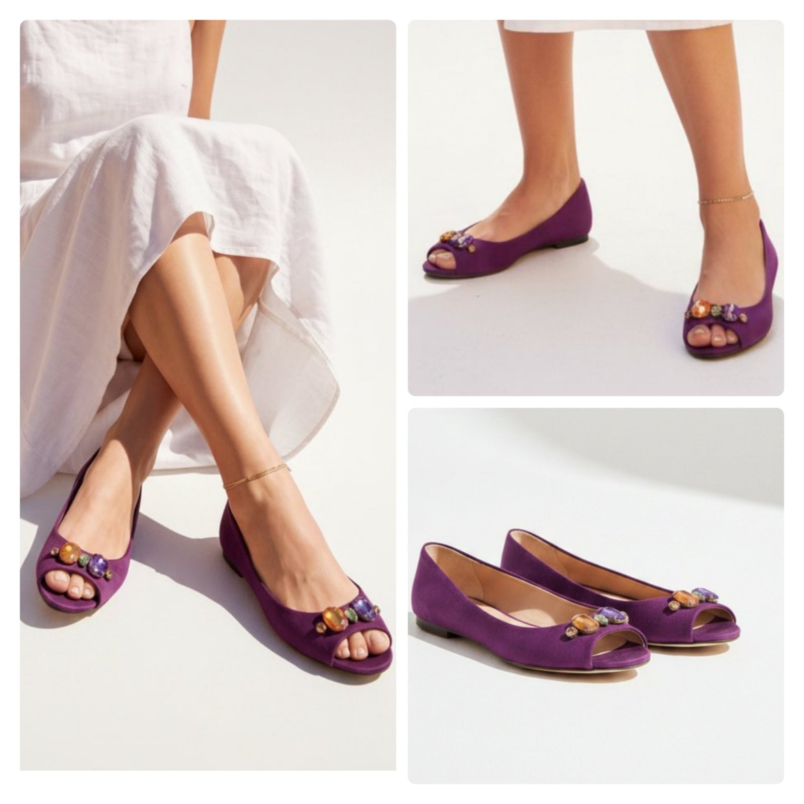 Ballerines à bout ouvert en daim violet avec des jolies pierres précieuses de la marque Cushion Walk by Avon